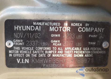 2003 Hyundai Sonata Gls/Lx from USA, damaged, VIN KMHWF35HX3A785971